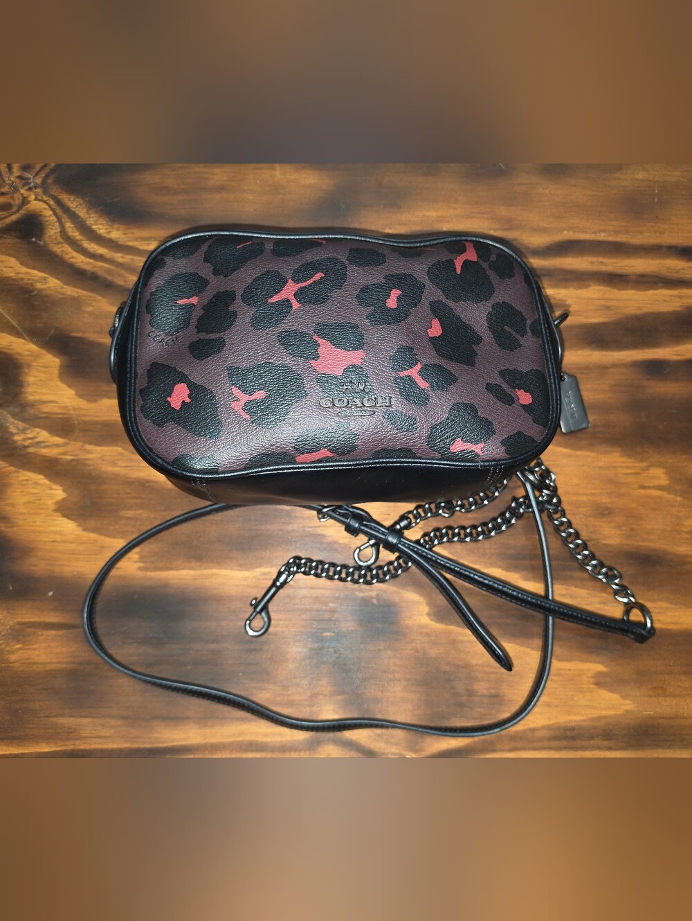 Coach Leopard Print Crossbody Bag in Black and Burgundy with Red Accents
